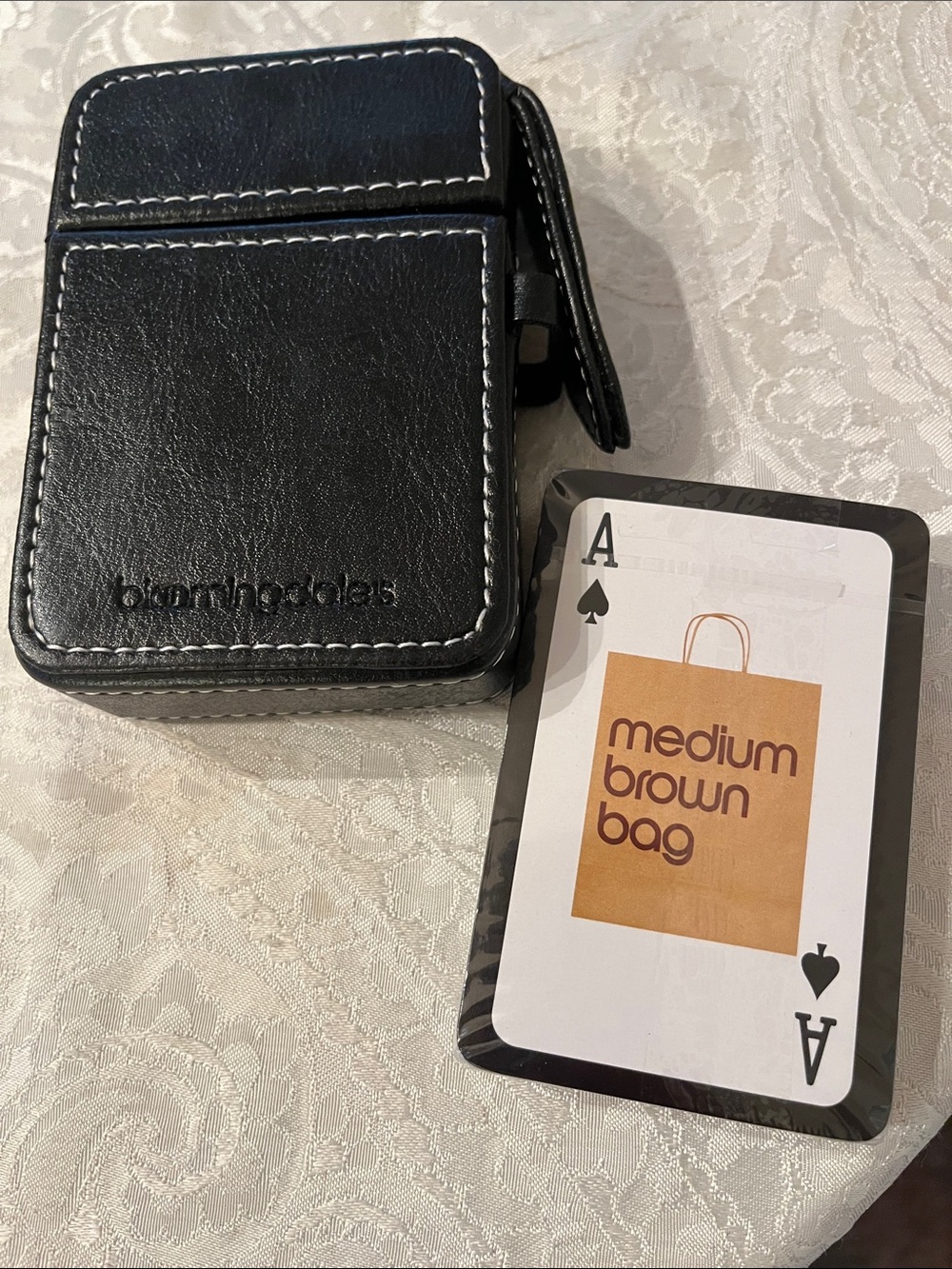 Bloomingdale's Black Playing Card Holder with White Stitching & Cards New!